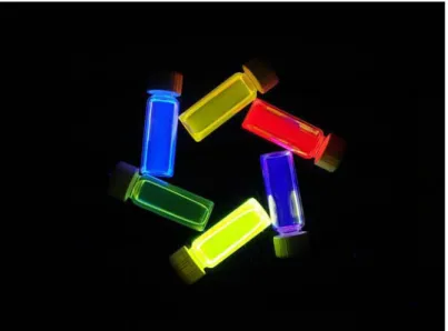 Figure 1.8: Emission color under UV illumination for colloidal CdSe/ZnS QDs with  various sizes [14].