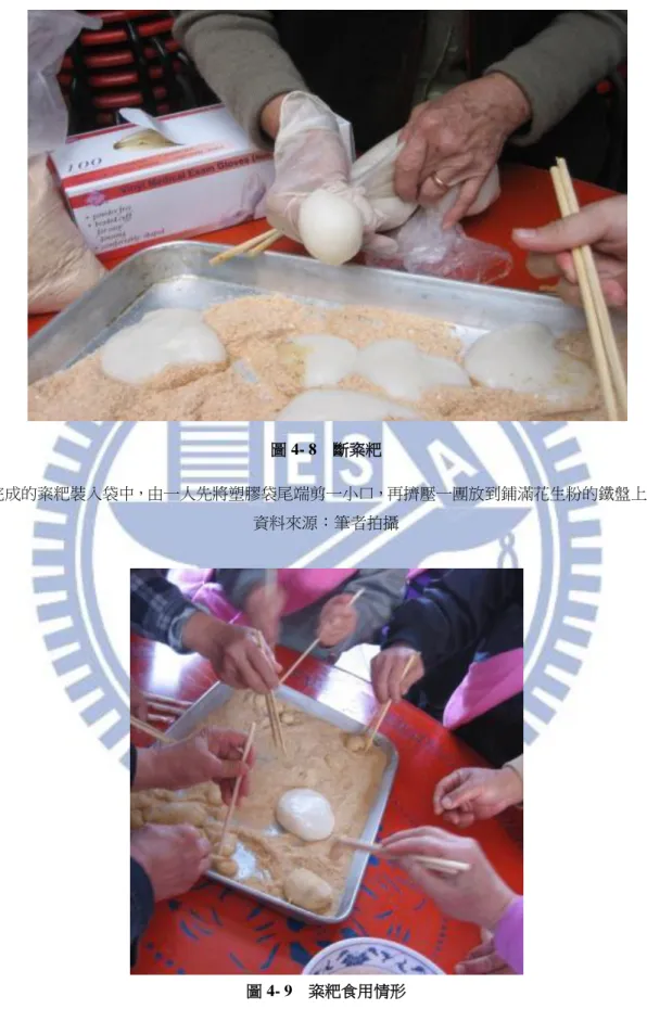 圖 4- 8    斷粢粑  完成的粢粑裝入袋中，由一人先將塑膠袋尾端剪一小口，再擠壓一團放到鋪滿花生粉的鐵盤上。  資料來源：筆者拍攝  圖 4- 9    粢粑食用情形  食用時，大家圍在桌邊，各自取一團粢粑，用筷子交叉剪開成小團易於入口。  資料來源：筆者拍攝 
