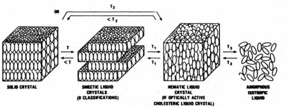 圖 1-3 熱向型液晶相變化序列圖  1.3.2  液晶分子的形狀  在 1908 年，科學家 Vorländer [23] 提出的經驗法則：棒狀分子有利 於液晶相形成。從此液晶學進入了系統性研究，在大量的實驗數據與 理論基礎的支持下，完整地架構了直線型(calamitic, rod-like)液晶的知 識體系。事實上這位科學家並未因此滿足，Vorländer 在研究生涯中 也嘗試著突破並尋找出許多特殊形狀的非傳統液晶 (unconventional  liquid crystals) [24-31] ， 