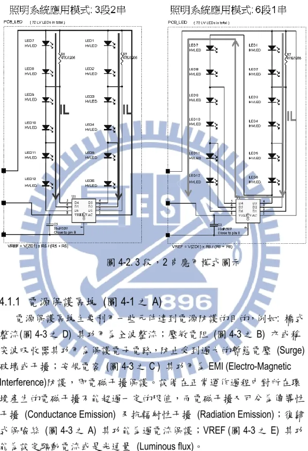 圖 4-2. 3 段，2 串應用模式圖示  4.1.1  電源保護區塊  (圖 4-1 之 A)  電源保護區塊主要利用一些元件達到電源防護的目的，例如:  橋式 整流(圖 4-3 之 D)  其功用為全波整流；壓敏電阻  (圖 4-3 之 B)  亦或稱 突波吸收器其功用為保護電子電路，防止受到過大的暫態電壓  (Surge)  破壞或干擾；安規電容  (圖 4-3 之 C )  其功用為 EMI (Electro-Magnetic  Interference)防護，即電磁干擾保護。設備在正常運作過程中對