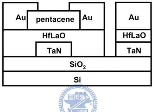 Fig. 2-1.  Schematic diagram of HfLaO/pentacene OTFTs and Au/HfLaO/TaN MIM  devices. 