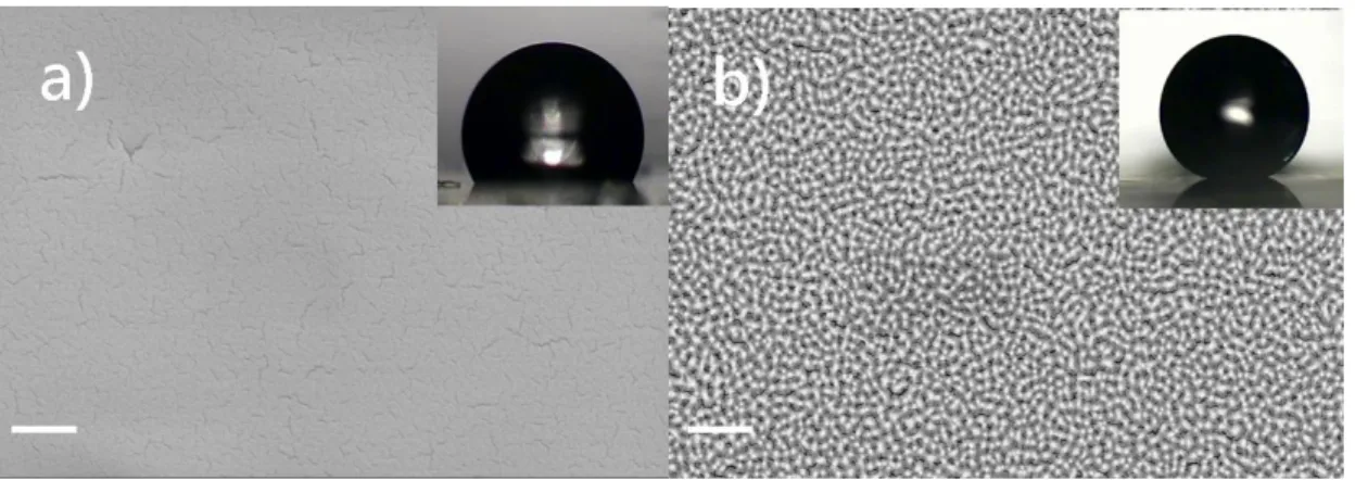 Figure 3.3 SEM images of (a) flat (b) roughened fluoropolymer surfaces. Inset: water  droplets on both surfaces