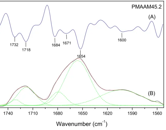 Figure 6: The IR spectrum at 1550cm -1 -1800cm -1  and its second derivative                    spectrum of PMAAM45.2