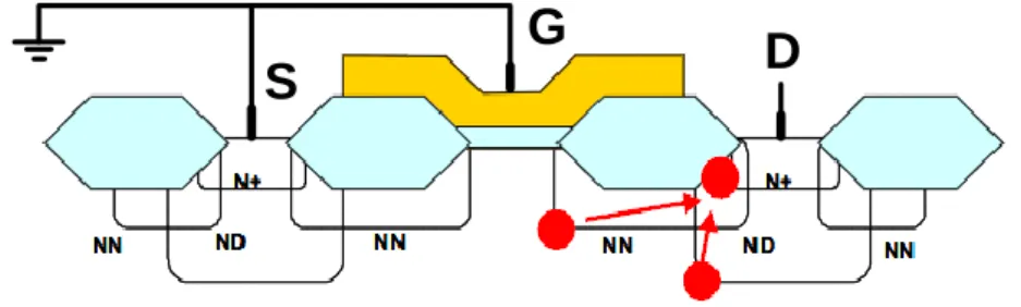 Fig. 2.6 The cross-sectional view of HV GGNMOS with symmetric structure [13].   
