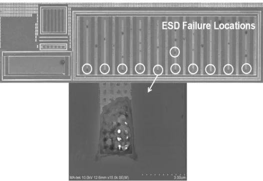 Fig. 2.13 The SEM pictures of the gate-driven ESD clamp circuit after 650-V MM  stresses
