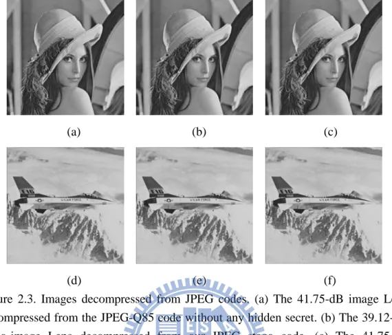 Figure 2.3. Images decompressed from JPEG codes. (a) The 41.75-dB image Lena  decompressed from the JPEG-Q85 code without any hidden secret