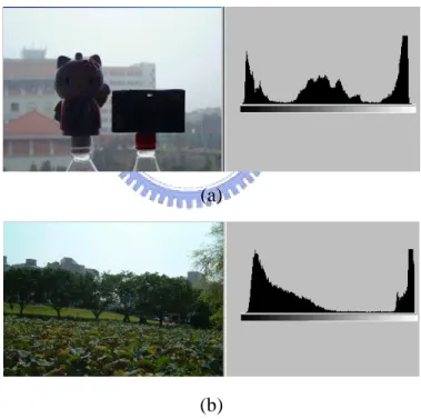 Figure 3.2 Two representative backlight images and their histograms. 