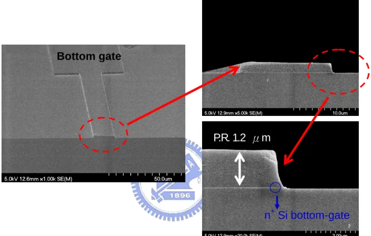 Figure 3-5. The  SEM micrographs of the self-aligned ion-implanted devices after the  photo-lithography