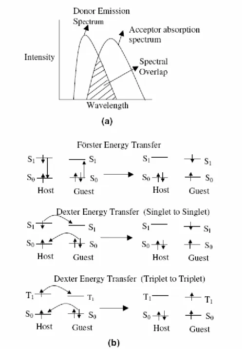 圖 1-3：(a)主發光體的放射光譜和客發光體的吸收光譜的重疊 (b) Förster  energy transfer 和 Dexter energy transfer 的示意圖 
