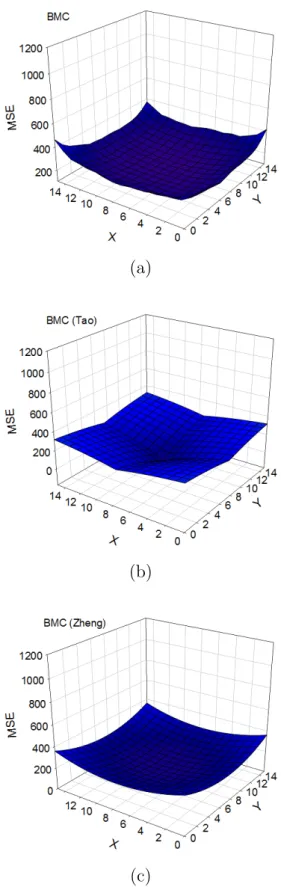 Figure 2.4: Mean-square prediction error surfaces of block B produced with BMC by (a) empirical results, (b) Tao and (c) Zheng’s model, respectively