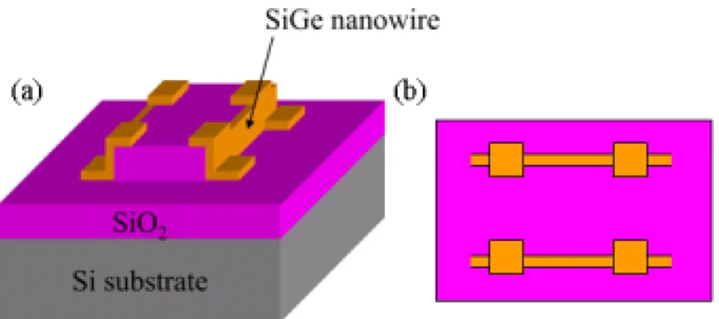 Figure 2.11 Remove one side of the parallel SiGe spacer to cut off the leakage current  (a) The 3-D view (b) The top view