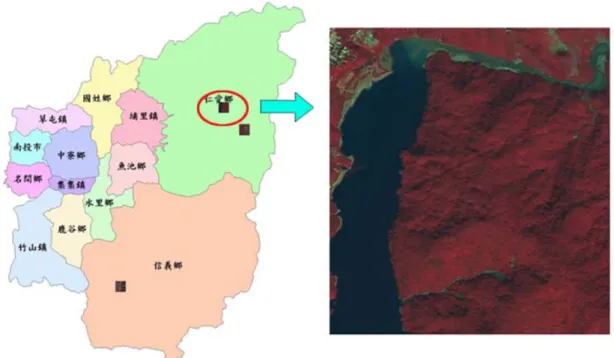 圖 3-3 霧社實驗區地理位置及衛星影像  （三）瑪谷溪實驗區  影像大小為 1020 x 1109 pixels，地理位置處於南投縣仁愛鄉，2∘TM  坐標 為：左上角為（E = 268627.5m , N = 2652085 m） ，右下角為（E = 271177.5m , N =  2649312.5 m）。瑪谷溪實驗區地處高山偏遠地帶，土地覆蓋類型簡單，多為林地 及裸露地所組成。  圖 3-4 瑪谷溪實驗區地理位置及衛星影像 