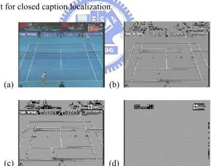 Fig. 3-7. Illustration of intermediate results of closed caption localization (a)  Original frame (b) Closed caption detection (c) Result after applying morphological 