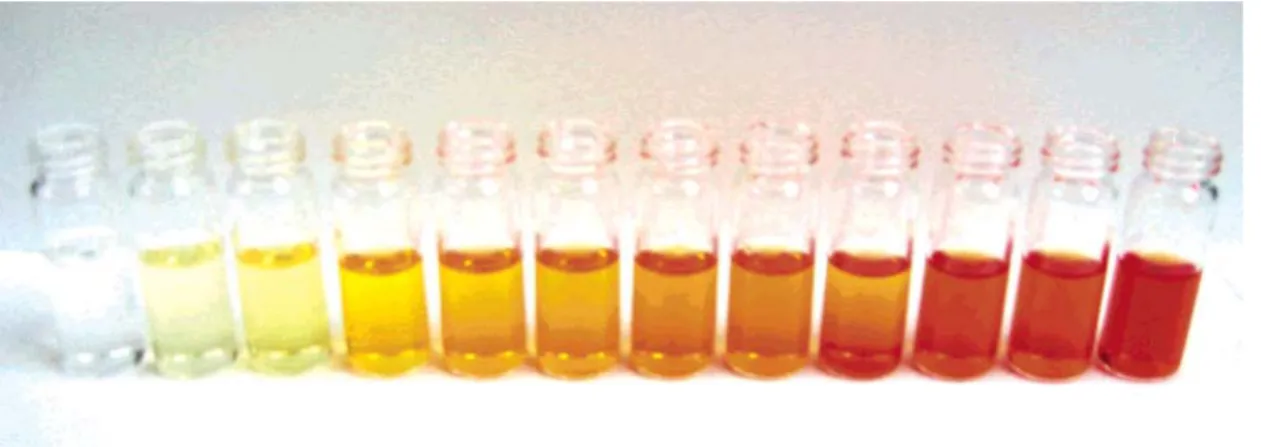 Figure 2.17 Vials of samples from the irradiation of solution of precursor  [(TOP) 2 CuIn(SR) 4 ] in DOP for (from left to right) 0, 2, 4, 6, 8, 11, 21,  30, 50, 74, 214, and 218 h