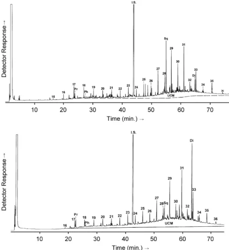 Fig. 2. Gas chromatograms of the aliphatic hydrocarbon fraction from station A40 (upper) and OT8 (lower)