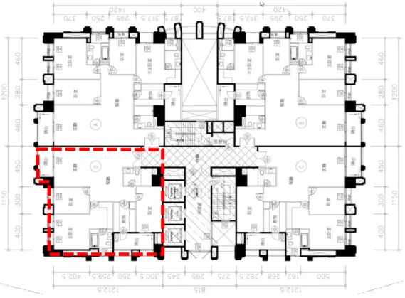 圖 4- 1 取得綠建築標章之集合住宅案例  圖 4- 2 使用 eQUEST 程式模擬集合住宅案例  貳、室內模擬條件說明  為合理模擬集合住宅耗電，將建築內各類空間別類整理後，依照第三章之住 宅各房間使用排程，人員密度、照明設備密度、電器設備密度之負載率設定。空 調冷氣考量當前市面上新購買的冷氣皆為變頻冷氣，故模擬住宅耗電最小值與中 位值時皆採用變頻冷氣，並配合變頻機種其運轉性能曲線一併在 eQUEST 中進行 設定；而模擬住宅耗電最大值則以定頻冷氣為主，是考量到仍有住宅的空調冷氣 並未更換，故採用耗電