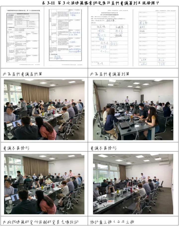 表 3-11  第 3 次綠建築標章評定案件查核會議簽到及現場照片 