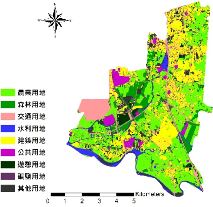 圖 2-9  仁德區土地利用概況圖(105 年)  (資料來源：本研究蒐集彙整)  四、水利設施  演算範圍內之水利設施依防洪構造物、水門、抽水站、滯蓄洪設施分別說明如下。  (一) 防洪構造物  鹽水溪現有防洪構造物，左岸計有安平堤防、鄭子寮堤防、鹽行堤防、三民堤防、車行 堤防等；而右岸計有四草堤防、溪心寮堤防、安順堤防、大洲堤防、北勢堤防等，共計 36,271 公尺。  二仁溪現有防洪構造物，左岸計有圍子內堤防；右岸計有灣裡堤防及大甲堤防，共計 3,758 公尺，各防洪構造物詳如表 2-6 所示。 