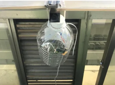 圖 4.7 DHT-22 溫濕度傳感器與粉塵傳感器模組  資料來源：本研究拍攝  4.  實時資訊收集與傳輸  為了達到自動收集環境資訊並自動上傳之目的，本研究採用 LinkIt  ONE 開發板進作為實時資訊收集與傳輸設備。  由於 WindSonic  超聲波風速傳感器的電流資訊經過信號轉換，從對於 0-50m/s、0-359º 的 0-20mA 轉換為 0-5V，且由於風速、風向與電流的關係 為等比例函數，故可得風速(V)、風向(D)值與電壓值(Vs)之關係為公式(4-1), 公式(4-2)所示。  
