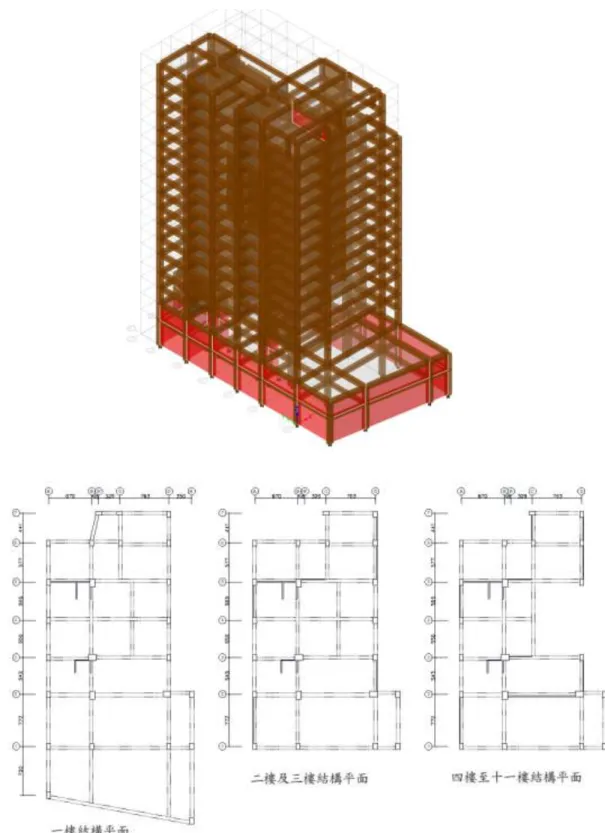 圖 1-1  範例建 物分析 模型 與平面 圖   (資料來源： 本研 究製作 ) 