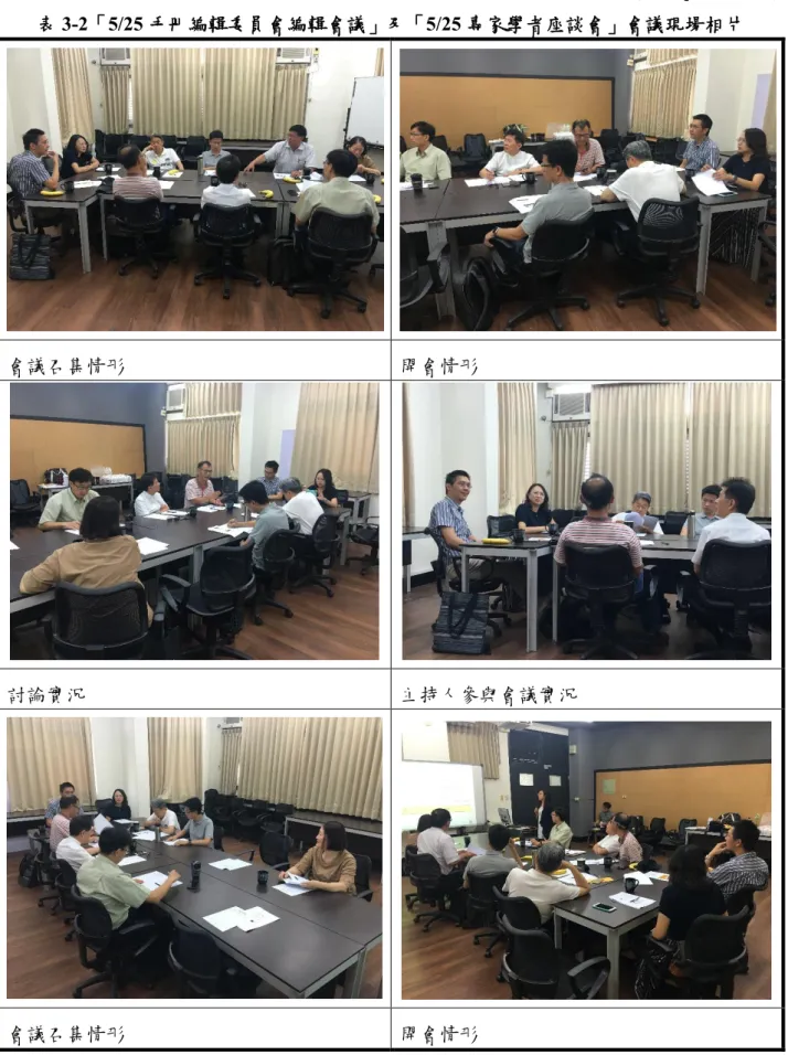 表 3-2「5/25 手冊編輯委員會編輯會議」及「5/25 專家學者座談會」會議現場相片 