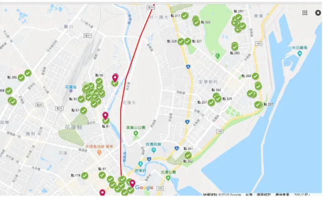 圖 2-15  花蓮市 9 樓以上高樓分佈圖  (紅線為米崙斷層，打勾處為高樓，紅點為結構嚴重震損或傾倒者)  如圖 2-16 所示，目前回收 49 份問卷，依低、中、高樓層分布所占比例相 近均勻，各約三分之一。 圖 2-17 為針對在震後委託專業技師進行緊急鑑定的紅 黃綠單(危險、補強、安全)情況，22 個樣未進行鑑定，27 個樣本勾選有進行鑑 定，但其中超過一半的 19 個勾選「其他」 ，顯見一般民眾對於結構安全的評估 結果相對陌生而不清楚。其中 8 個均勾選綠單，並未見紅黃單，即這批回覆的 建物屬於結