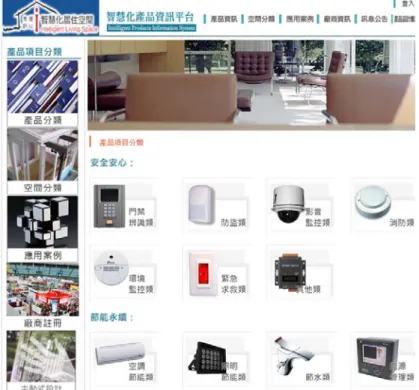 圖 3-1 智慧化居住空間專屬網站_智慧化產品資訊平台  資料來源：http://iproduct.ils.org.tw/ProductClass/Productindex.aspx  2.建立「智慧化產品模擬應用平台」 ，進行產品資訊與應用系統整合，藉由 建築模型能耗模擬分析，串聯產品資料庫，從而提供使用者選用、評估 智慧化產品之空間節能效率決策輔助工具。如下圖 3-2。  圖 3-2 智慧化居住空間專屬網站_智慧化產品模擬應用平台  資料來源： http://iproduct.ils.org.tw/Ac
