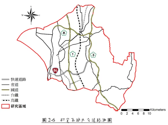 圖 2-6  研究區域內交通路網圖  三、 土地利用  根據內政部營建署國土測繪中心民國 96 年國土利用調查資料，研究區域範圍內土地 利用以農業用地為主，主要分布在鹽水溪流域及二仁溪流域中下游，約佔全區面積 38.87%；其次為森林用地，主要集中在二仁溪中上游，約佔全區面積 22.52%；第三則為 建築用地，主要集中在舊臺南市區及永康區、仁德區及新營區，約佔全區面積 13.65%， 其餘各土地利用之比例及分布情形如表 2-4 及圖 2-7 所示。  表2-4  研究區域土地利用概況表  土地利用分類  面