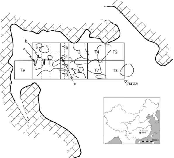 Fig. 6. Plan of Yuchanyan Cave, Hunan, showing the excavation grid from the various expeditions, and (inset) position of Yuchanyan Cave in China
