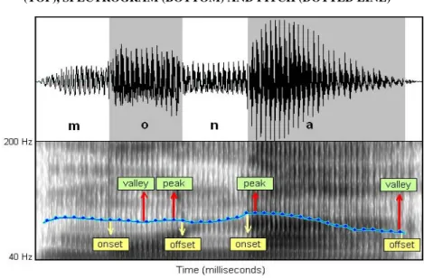 FIGURE 1. THE ITEM mona ‘SNAIL’ REPRESENTED AS A WAVEFORM  (TOP), SPECTROGRAM (BOTTOM) AND PITCH (DOTTED LINE) †