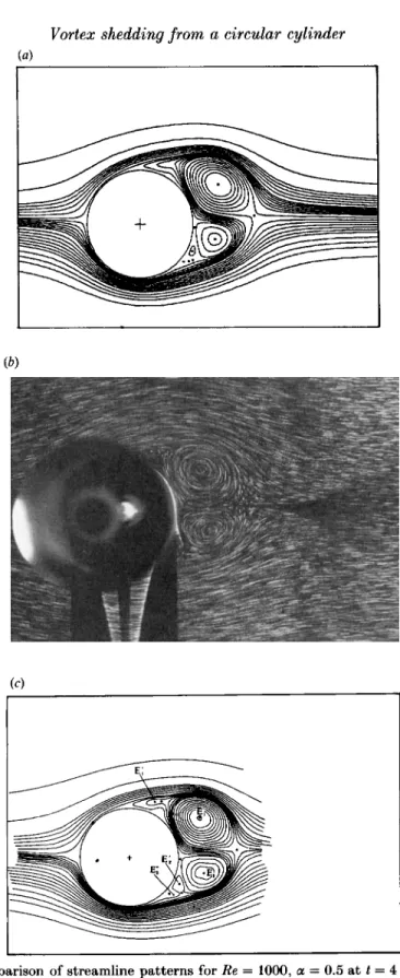 FIGURE  11. Comparison of streamline patterns for  Re  =  1000,  a  =  0.5 at t  =  4:  (a)  present plot,  ( b )   flow  visualization  experiment  in  Badr et  al