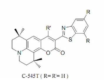 圖 1-15  綠光客體 C545T  1-4-2(h)紅光客發光體材料  紅光是目前困難度最高的，由於沒有理想的紅光主發光體材料， 在摻雜方面對紅光顯的非常重要。 發光在紅光波段區域能夠具有強 烈螢光特性的材料不像發光在藍光和綠光波段區域的材料那麼 多。為了能應用在小分子型（Molecule）電激發光元件的真空蒸鍍 製程，有機螢光材料必須要具備能夠揮發（Evaporate）的特性，也 就是說它的分子量不能太小且結構必須穩定。因為這樣，有很多離 子型（Ionic）的紅光雷射色素，例如:Rhodamine、S