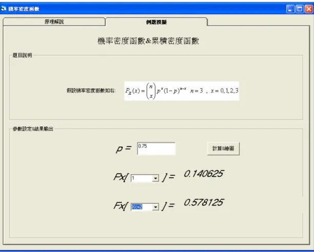 圖 16：單獨查詢 P[x = 1]、F[x<=2]的計算結果  4.2.2.  期 望 值 與 變 異 數   期 望 值 (Expectation)  ㄧ個隨機變數的平均稱之為期望值，其定義如下:  [ ] ( ) [ ]XX i i i xf x dx continuous formE Xμx P Xxdiscrete form∞−∞⎧⎪== ⎨ ⎪⎩ =∑∫ .............................( 9 )  期望值是所有可能結果 x 的總和，而 f X ( ) x 或 [