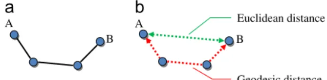 Fig. 4. (a) An example graph constructed by ALPP. (b) The ‘‘Geodesic distance’’ and