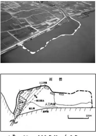 圖 1 日本霞蒲湖之人工內湖及人工浮島鳥瞰 照片及示意簡圖 