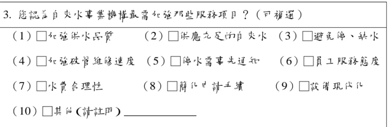 表 3-2  依變數的第二部分問項內容(續)  3.  您認為自來水事業機構最需加強那些服務項目？（可複選）  （1）□加強供水品質          （2）□供應充足的自來水  （3）□避免停、缺水 （4）□加強破管維修速度  （5）□停水需事先通知      （6）□員工服務態度 （7）□水費合理性              （8）□簡化申請手續          （9）□設備現代化      （10）□其他(請註明) _____________  最後，自變數方面分為人口統計變數及服務區隔變數兩種。人