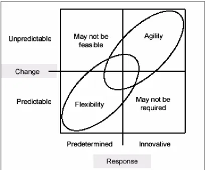 Figure 2- 1 Distinctive focus of flexibility vis-à-vis agility in managing change    (Source: Wadhwa and Rao, 2003) 