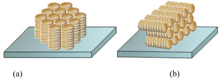 Fig. 1. Schematically showing (a) the homeotropic alignment of molecular stack and  (b) the homogeneous alignment of molecular stack of discotic molecules