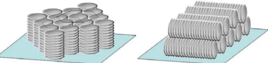 Figure 1. (a) The homeotropic (Face-up) alignment, and (b) the homogeneous (Edge-up) alignment  in columnar phase