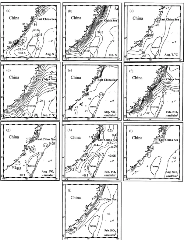 Fig. 1. Distribution of surface salinity (a, b), temperature (c, d), nitrate (e, f), phosphate (g, h) and silicate (i, j) concentration in the vicinity of Taiwan Strait in August and February (data taken from Wang, 1991; Wong et al., 1991; Chen, 1992; Chen