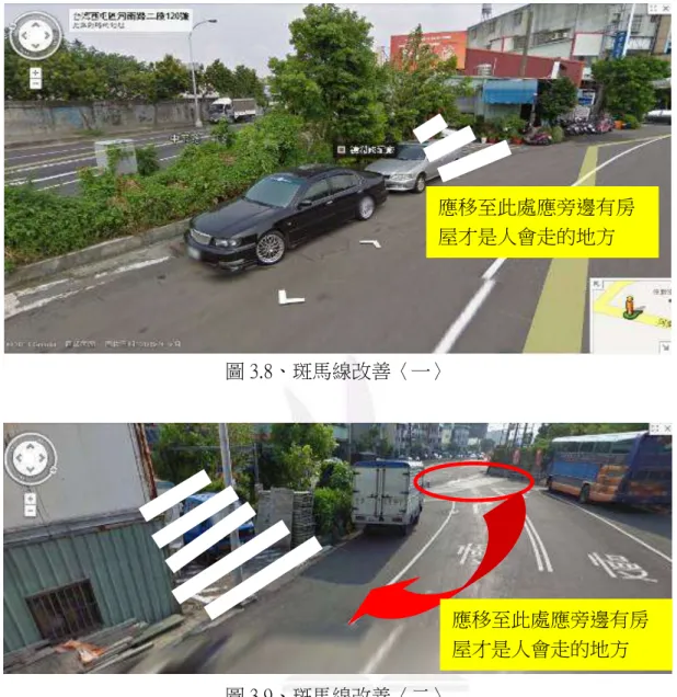 圖 3.7、設置「反光鏡」及「停等線」前移  圖 3.8、斑馬線改善〈一〉      圖 3.9、斑馬線改善〈二〉  5.  在河南路與福上巷交叉路口，可增設「彎道」標誌，提醒駕駛人前有彎 道，應注意駕駛，如圖 3.10。另外，在河南路與中平路交會處，增設 50km/h 速限、反光鏡以及「易肇事路段，嚴禁超車」標誌，如圖 3.11。  應移至此處應旁邊有房屋才是人會走的地方 應移至此處應旁邊有房屋才是人會走的地方 