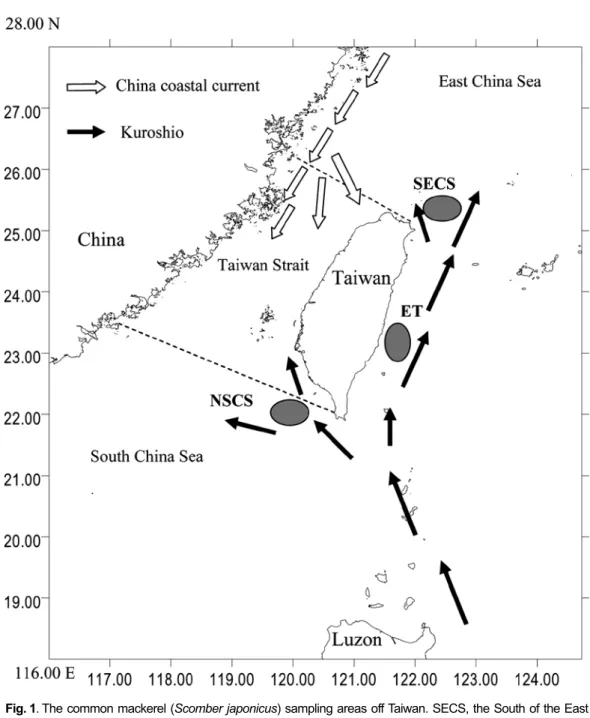 Fig. 1.  The common mackerel (Scomber japonicus) sampling areas off Taiwan. SECS, the South of the East  Chins Sea; ET, Eastern Taiwan; NSCS, the north of the South China Sea.