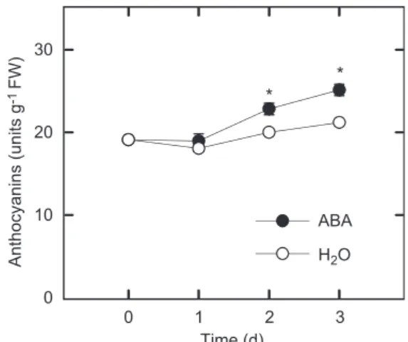 Figure 1. Changes in anthocyanin content in rice leaves treated with either water or 45 mmol L 1 ABA in the dark.