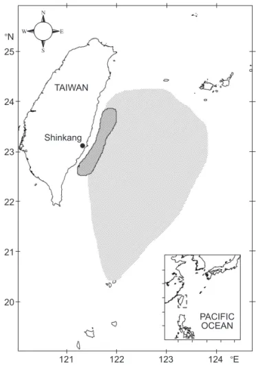 Fig.  1. Fishing  grounds  of  gillnet  (cross  lines)  and  longline (oblique lines) fishing boats based in the Shinkang fishing port, eastern Taiwan.