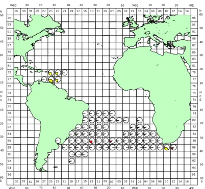 Fig. 2. The catch composition of 9 and 10 hooks between floats used by Taiwanese longline fleets in the Atlantic,  where the data summed up from 1996 to 1998 by quadrangles