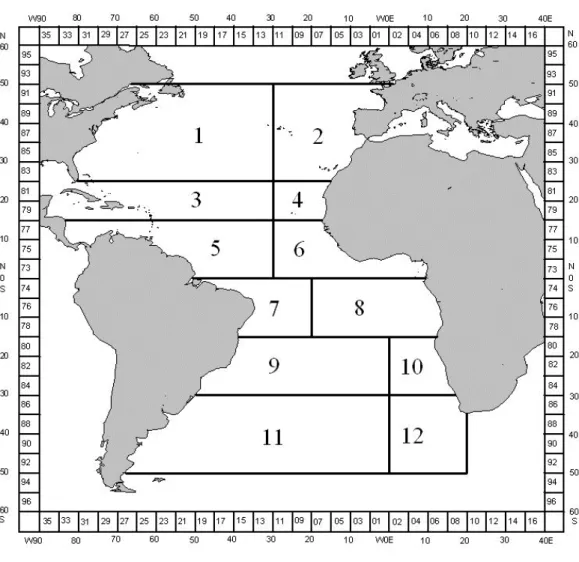 Figure 1.  Area stratification of Atlantic for standardizing bigeye tuna catch per unit effort