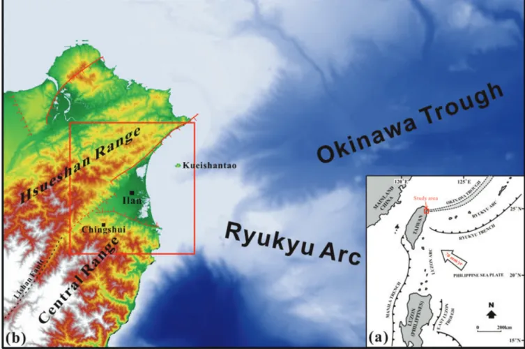 Figure 1. (a) Current tectonic environments of Taiwan, where the arc-continent collision has occurred since late Miocene and is still on-going based on that the Philippine Sea plate is moving northwestward with a speed of 70 mm yr −1 (Ho 1986, 1988; Teng 1