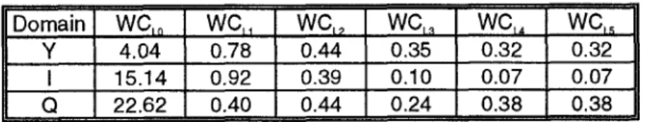 Figure  6:  The weight table of  our shape metric  LS:  weight values are assigned in 'level of  resolution' style, which was  shown in Figure 5(a); we only assign five weights here because  DC  values(leve1  0  transform domain pixels) are not  considered