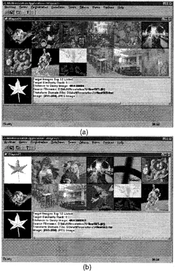Figure  2:  Search(bottom4eft  image)  against  our  image  database  by  a  shape-based  drawn  query  image  (a)  by  color metric  LC,  which shows incorrect result, which is listed  in the  topleft  corner  (b)  by  shape  metric  LS, which  shows  cor