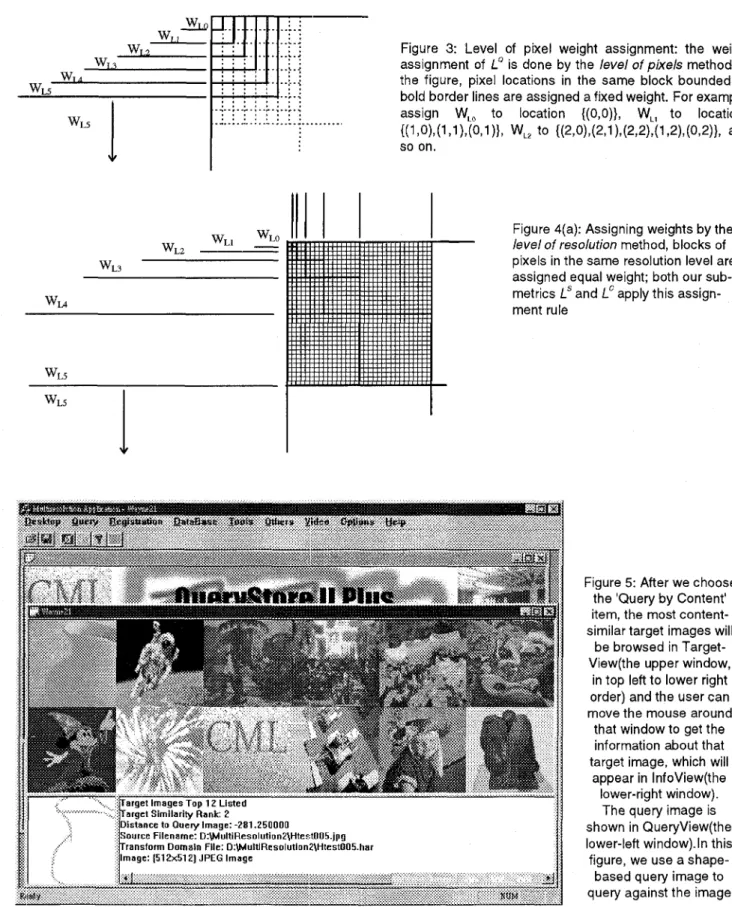 Figure  3:  Level  of  pixel  weight  assignment:  the  weight  assignment of  Lo  is done by the  level of pixels  method;  in  the  figure,  pixel  locations  in the  same  block  bounded  by  bold border lines are assigned a fixed weight